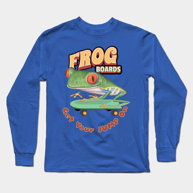 Cute Funny Red Eyed Tree Frog on Skateboard Long Sleeve T-Shirt by Danny Gordon Art